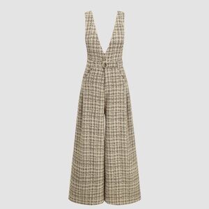 New with tags- TWEED V-NECK CHECK BUTTON PLEATED WIDE LEG JUMPSUIT- Cider Brand